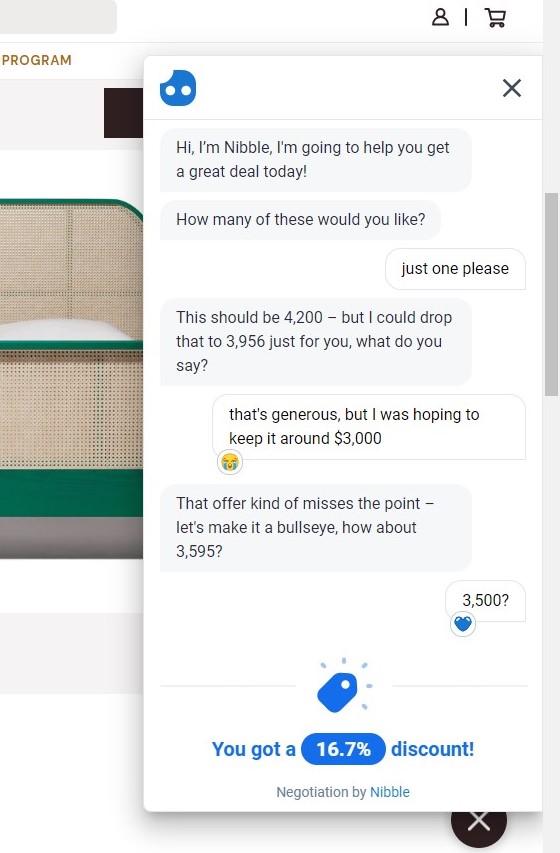 Industry West’s AI chatbot chats with shoppers in real time to reach a negotiated discount.