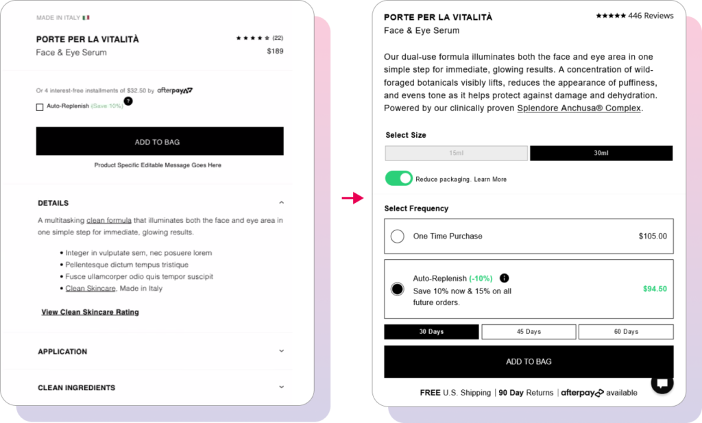 Furtuna Skin shares how its checkout page looks before and after replatforming to a different subscription vendor.